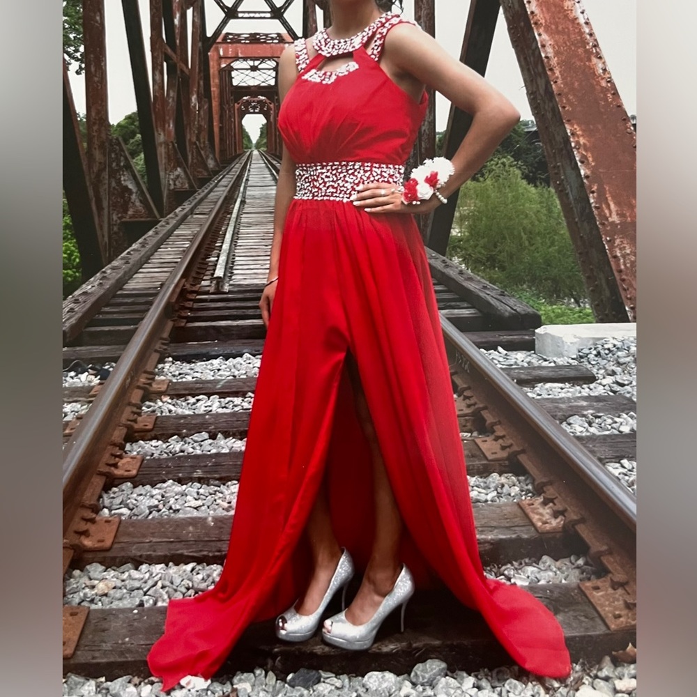 Elegant Red Evening Gown with Beaded Accents